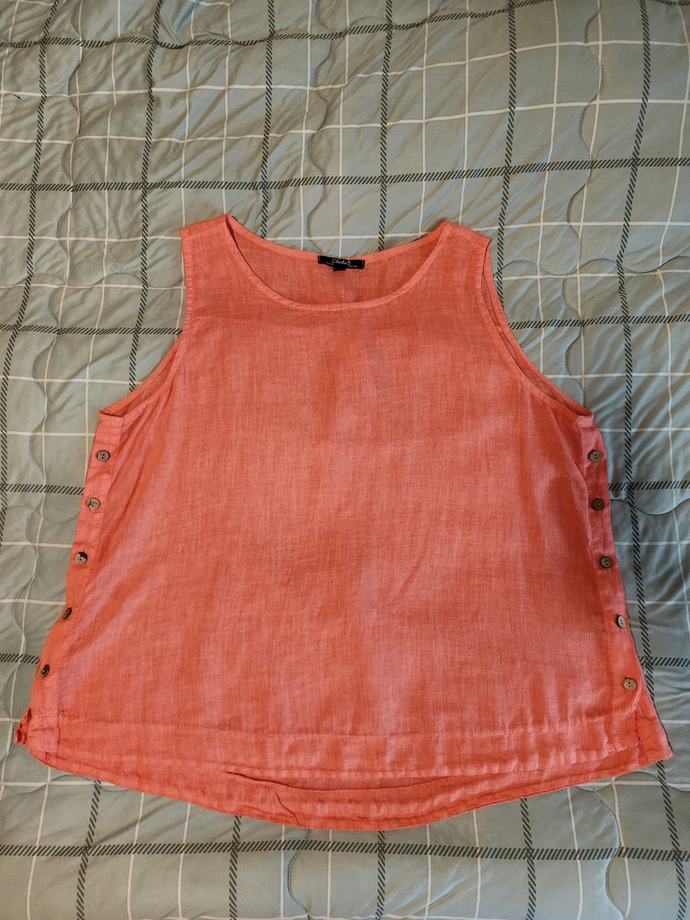 CHARLIE B Coral Sleeveless Linen Tank with Side Buttons